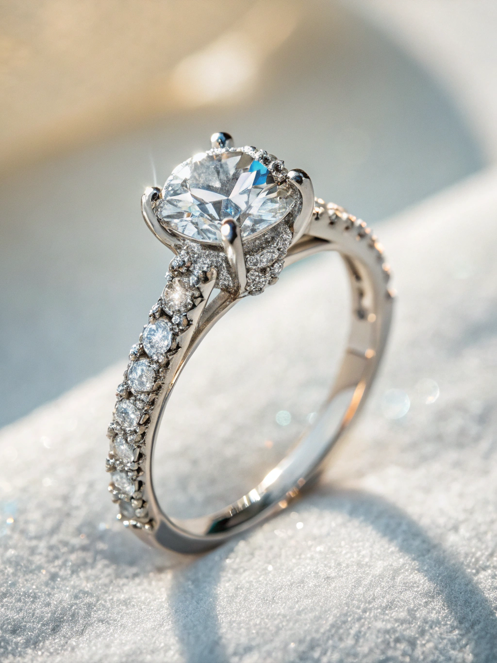 Macro shot of a diamond engagement ring setting