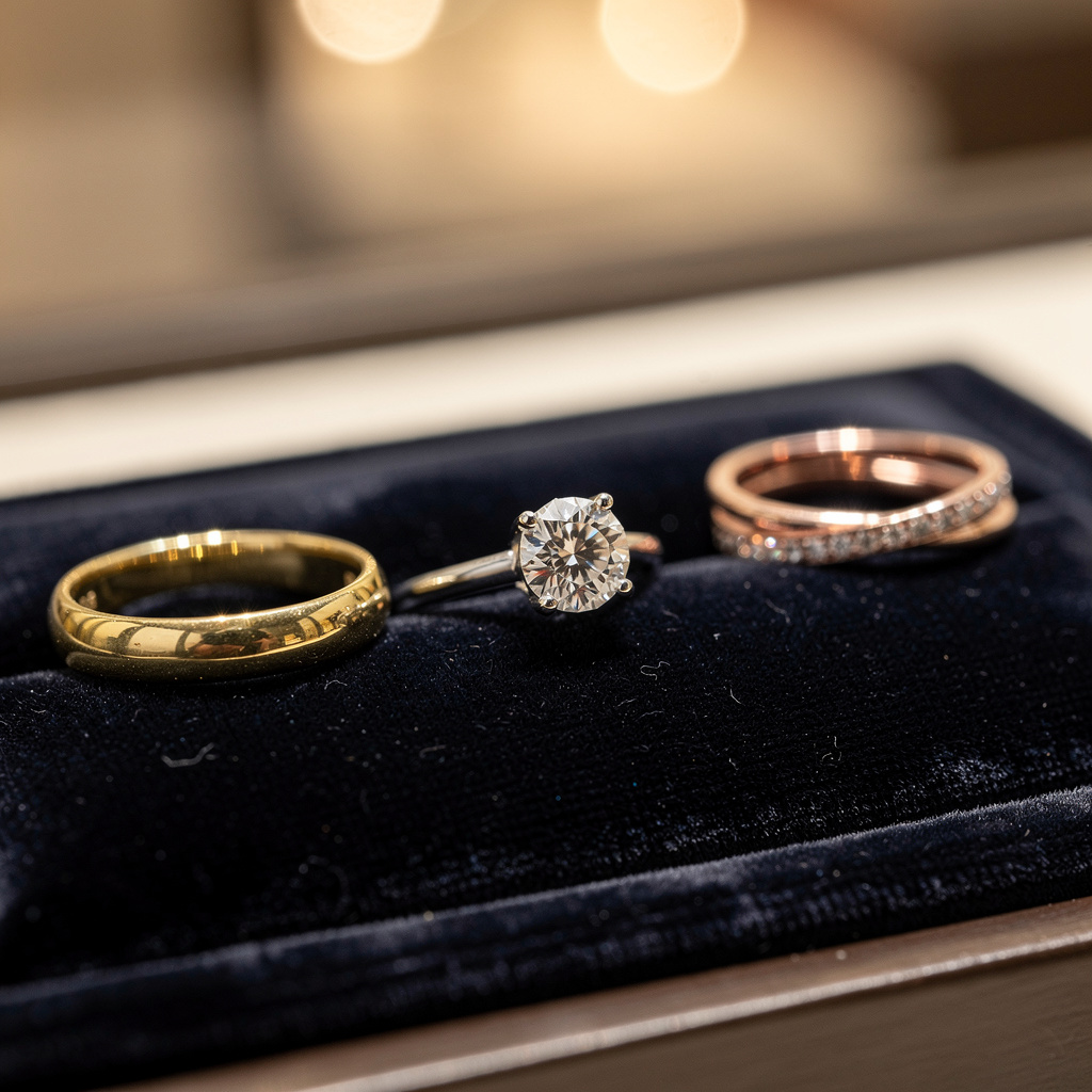 Close-up of a bridal ring stack on a velvet surface